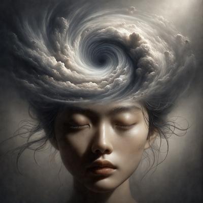 The primary subject of the image is a woman with her eyes closed, seemingly sleeping. She is the main focus of the image. The setting is a cloudy sky, which serves as the backdrop for the woman's head. The visual style is a digital art or illustration, as the woman's head is depicted in a surreal and artistic manner. The colors and mood of the image are predominantly dark and moody, with the woman's eyes closed and the cloudy sky creating a sense